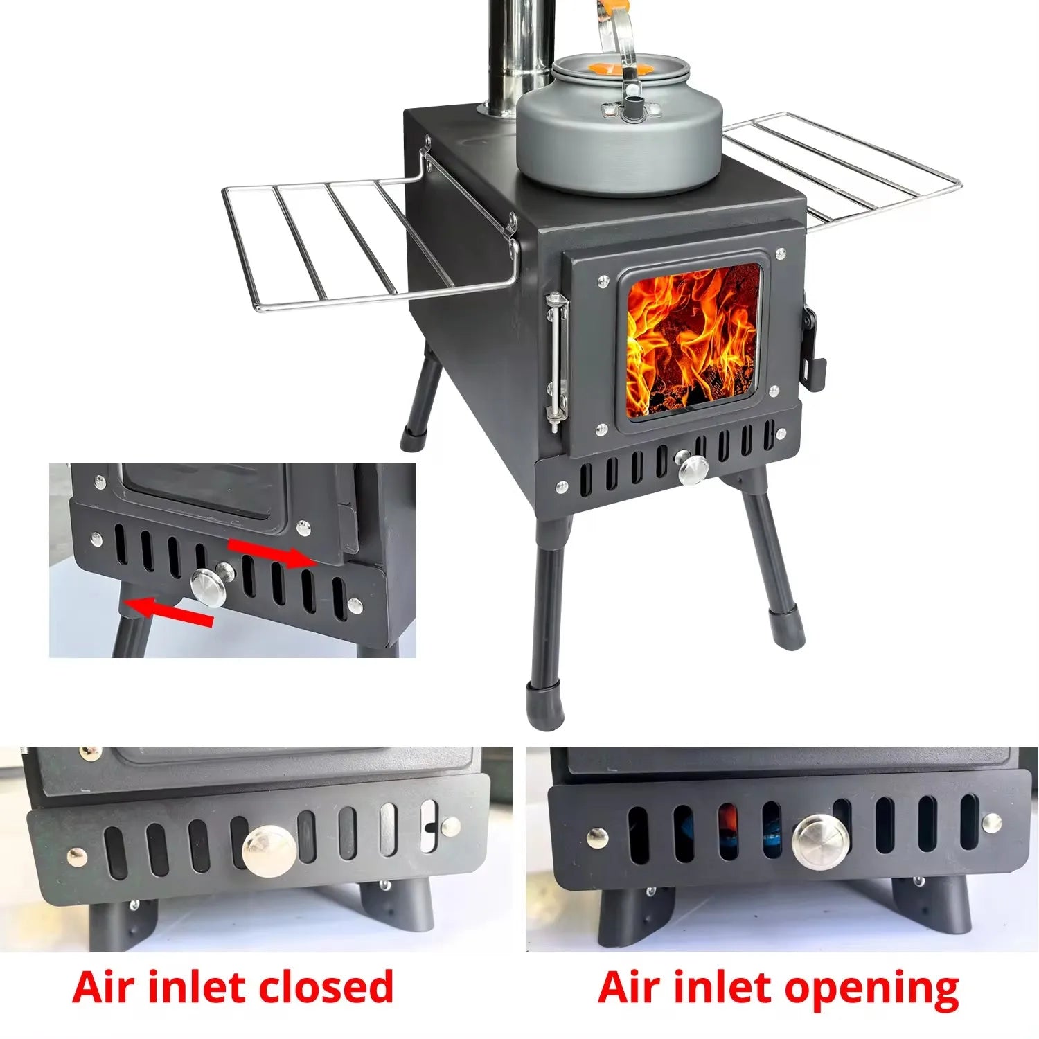 Portable Stainless Steel Tent Stove: Wood Burning Stove with Chimney Pipe for Camp Heating & Cooking