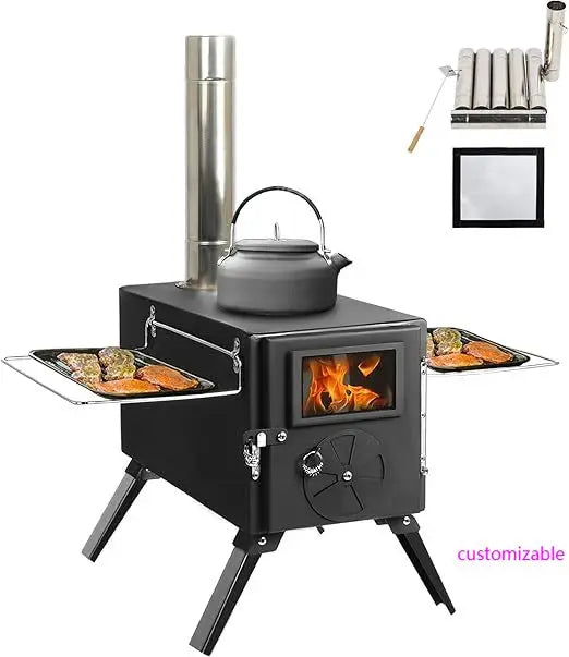 Portable Cast Iron Tent Stove with Jack & Chimney - Wood Burning Heater for Camping & Ice Fishing