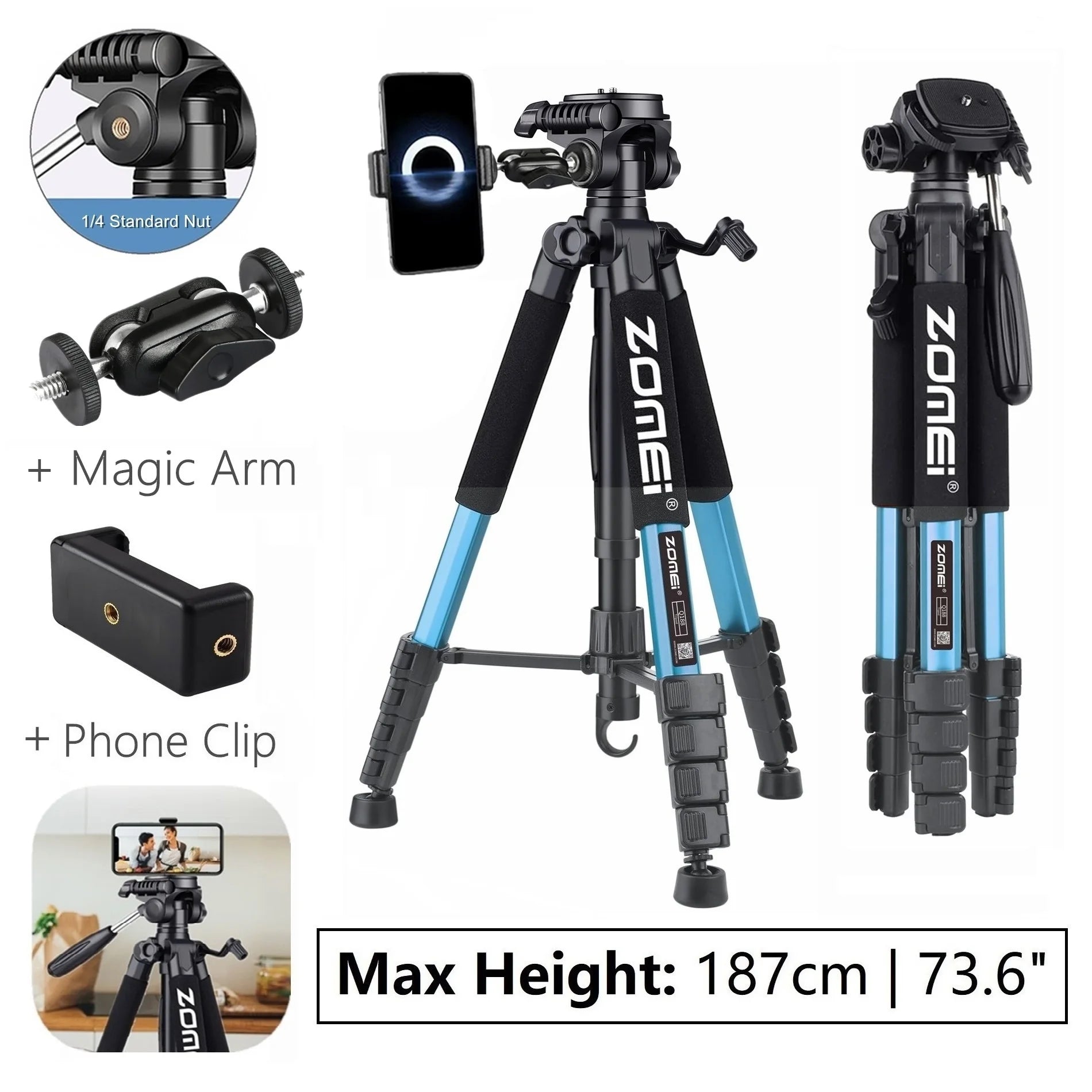 73.6" Professional Camera Tripod - 5kg Load Aluminum Alloy DSLR/Phone Stand