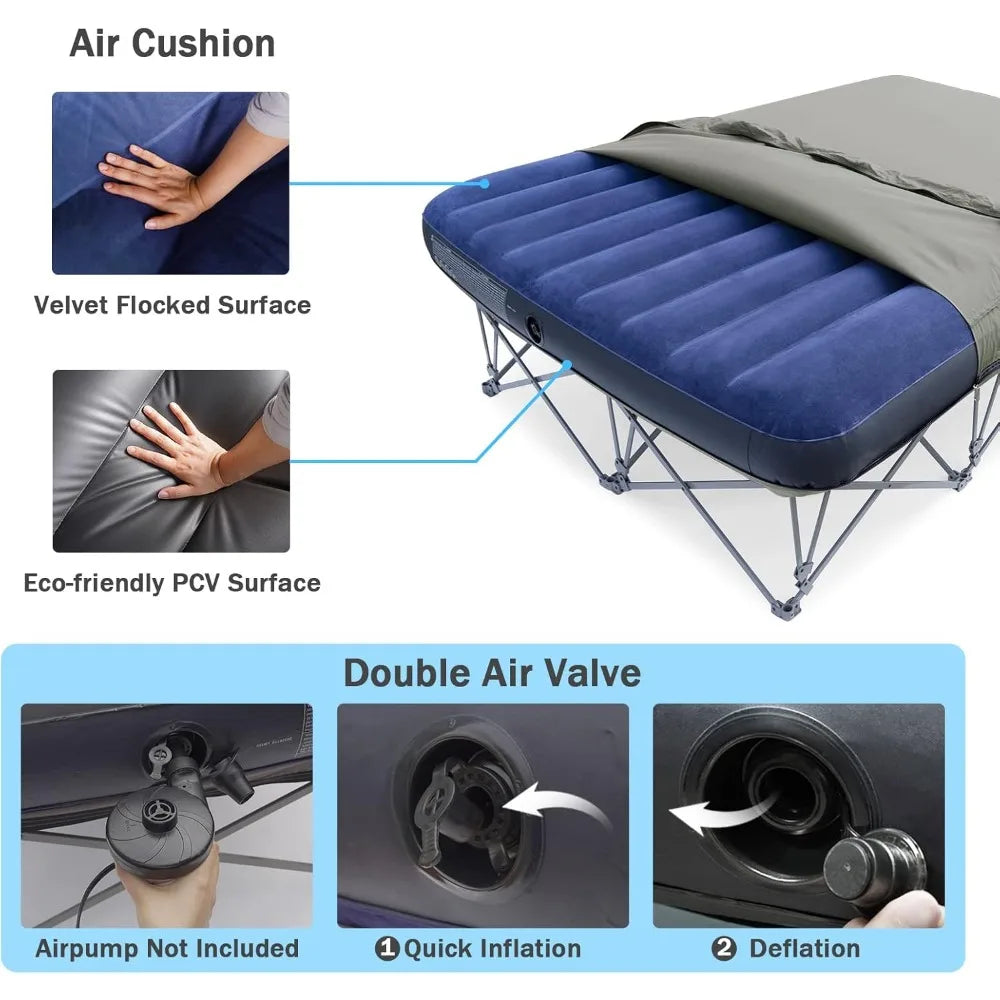 Cama plegable para 2 personas con colchón inflable. Soporta 227 kg e incluye bolsa de transporte.