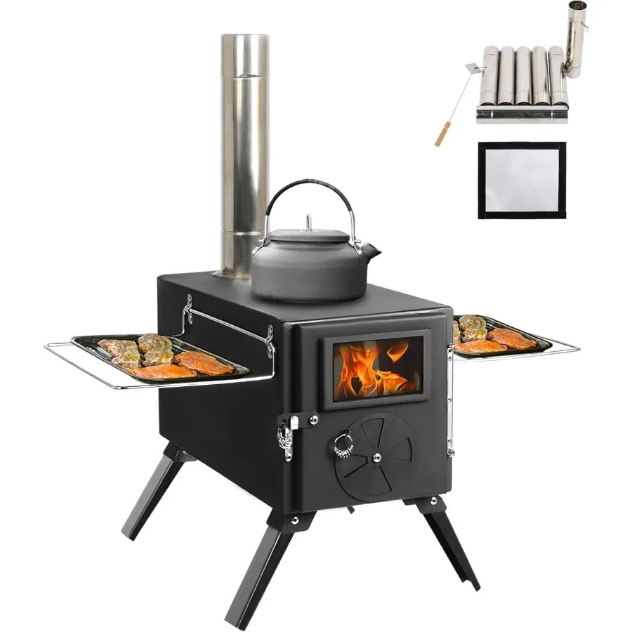 Portable Wood Burning Stove for Camping with Chimney Pipe - Outdoor Heating & Cooking Solution