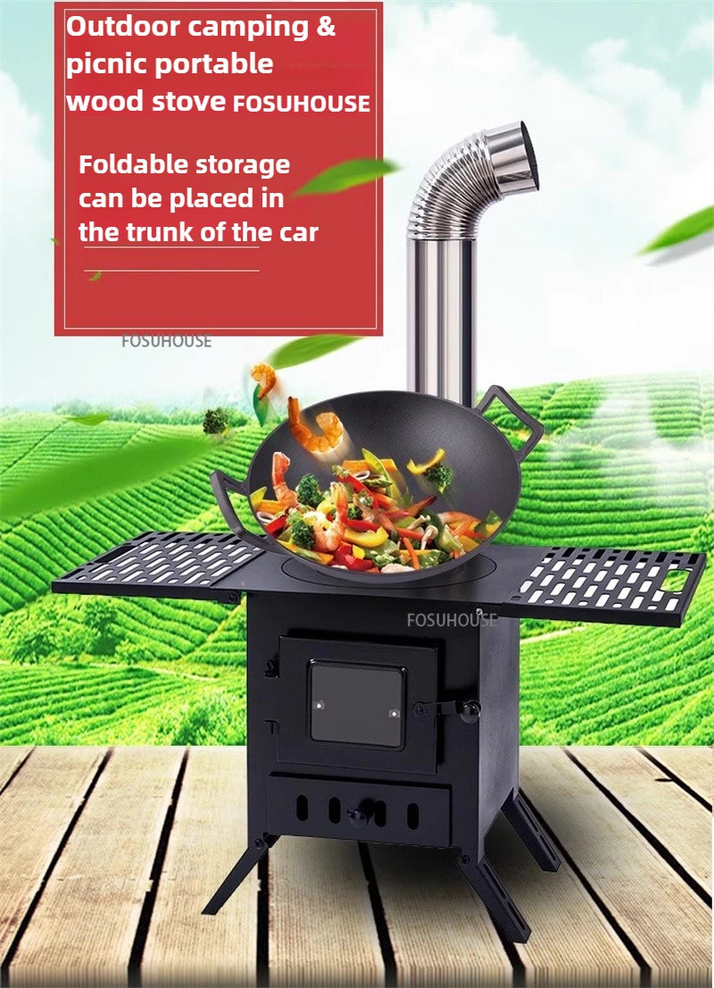 Mobile Wood Burning Heater Stove for Indoor & Outdoor Use - Portable Heating with Cooking Top