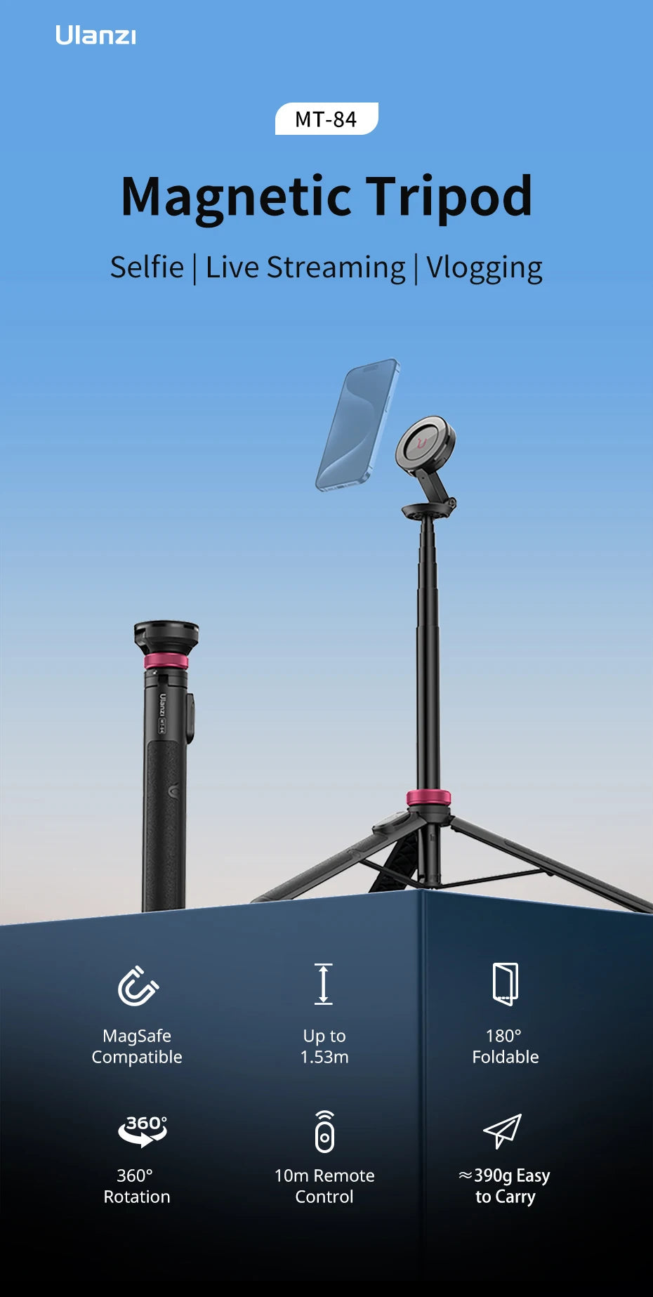 Ulanzi MT-84 1.53M Magsafe Selfie Stick Tripod Stand Bluetooth Remote Phone Extension Tripod for IPhone 16 15 LiveStreaming Vlog Trekker Essentials