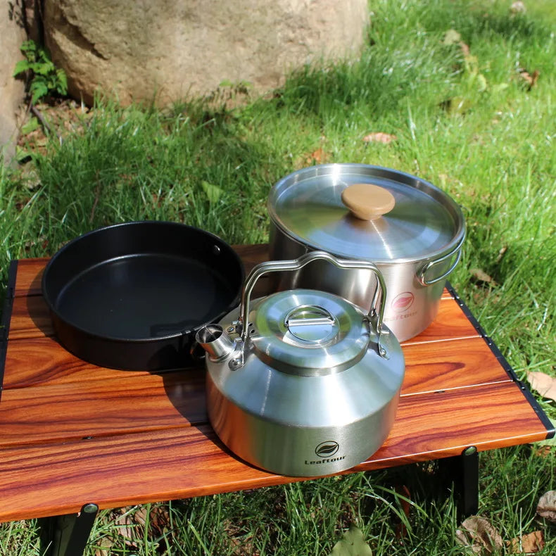 Stainless Steel Camping Cookware Set – Portable Outdoor Cooking Kit with Pot, Pan & Kettle for 2–3 People Trekker Essentials