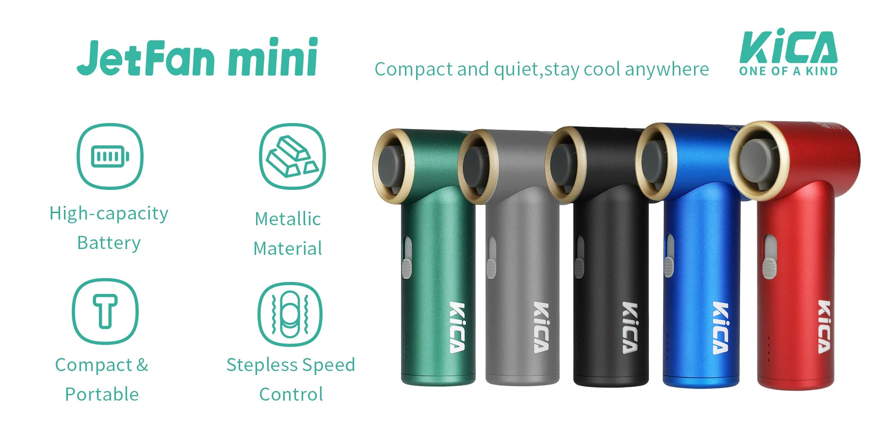 Kica JetFan mini Personal Handheld Fan 3000mAh, Metal Turbo Fan, Adjustable Speed, Outdoor/Travel/Camping, Up to 14H Work Time Trekker Essentials