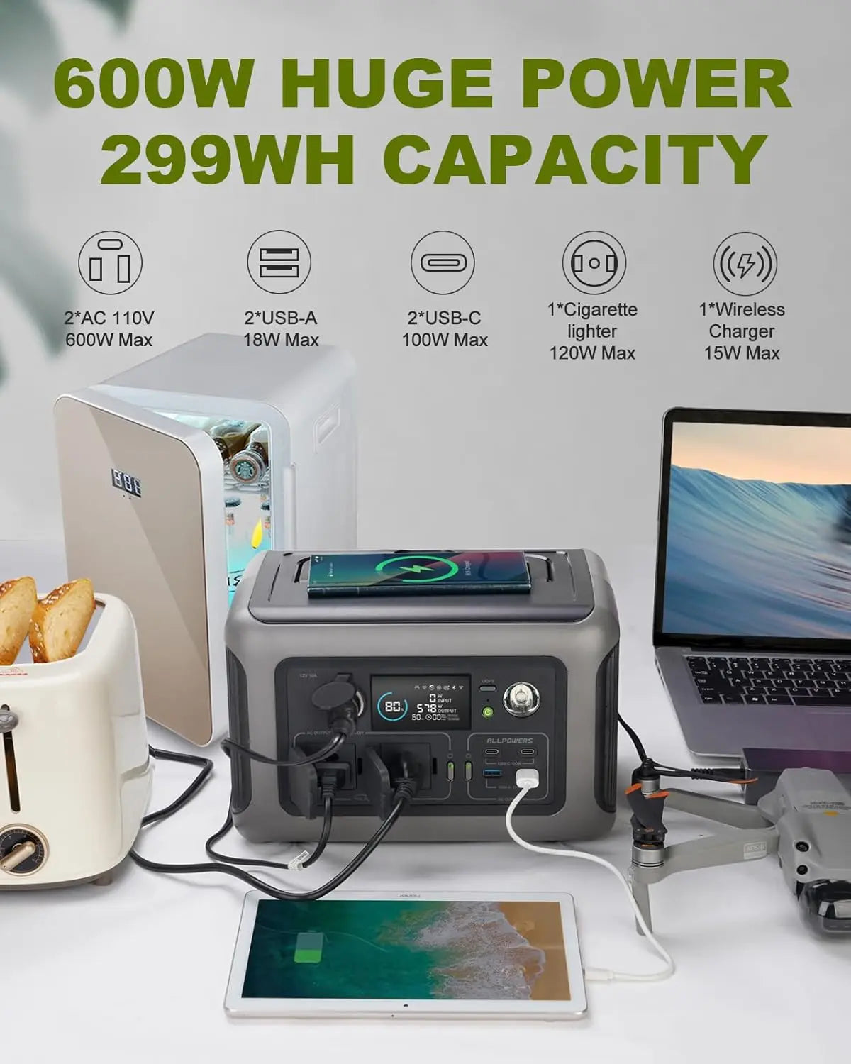 600W 299Wh Portable Power Station with Optional Solar Panel - LiFePO4 Solar Generator for Camping & Home