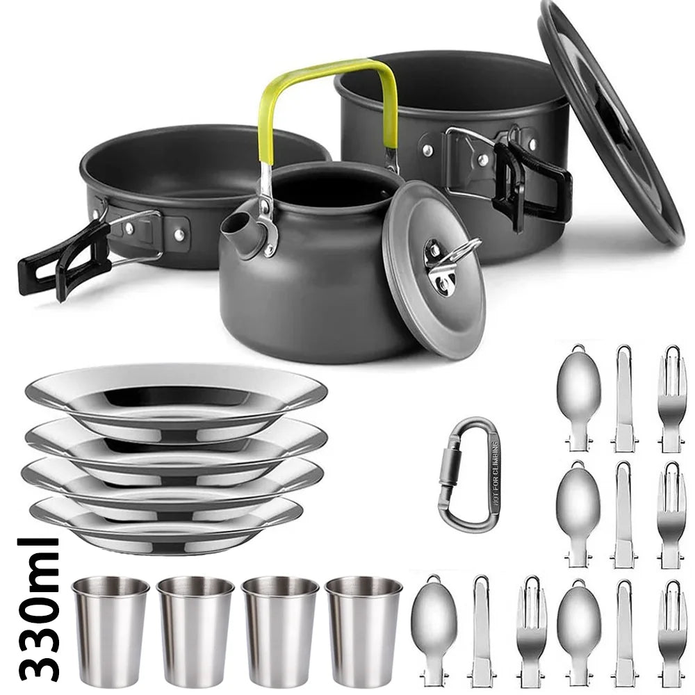 Lightweight Aluminum Camping Cookware Set – Portable Outdoor Cooking Kit for 2–4 People with Mesh Storage Bag Trekker Essentials