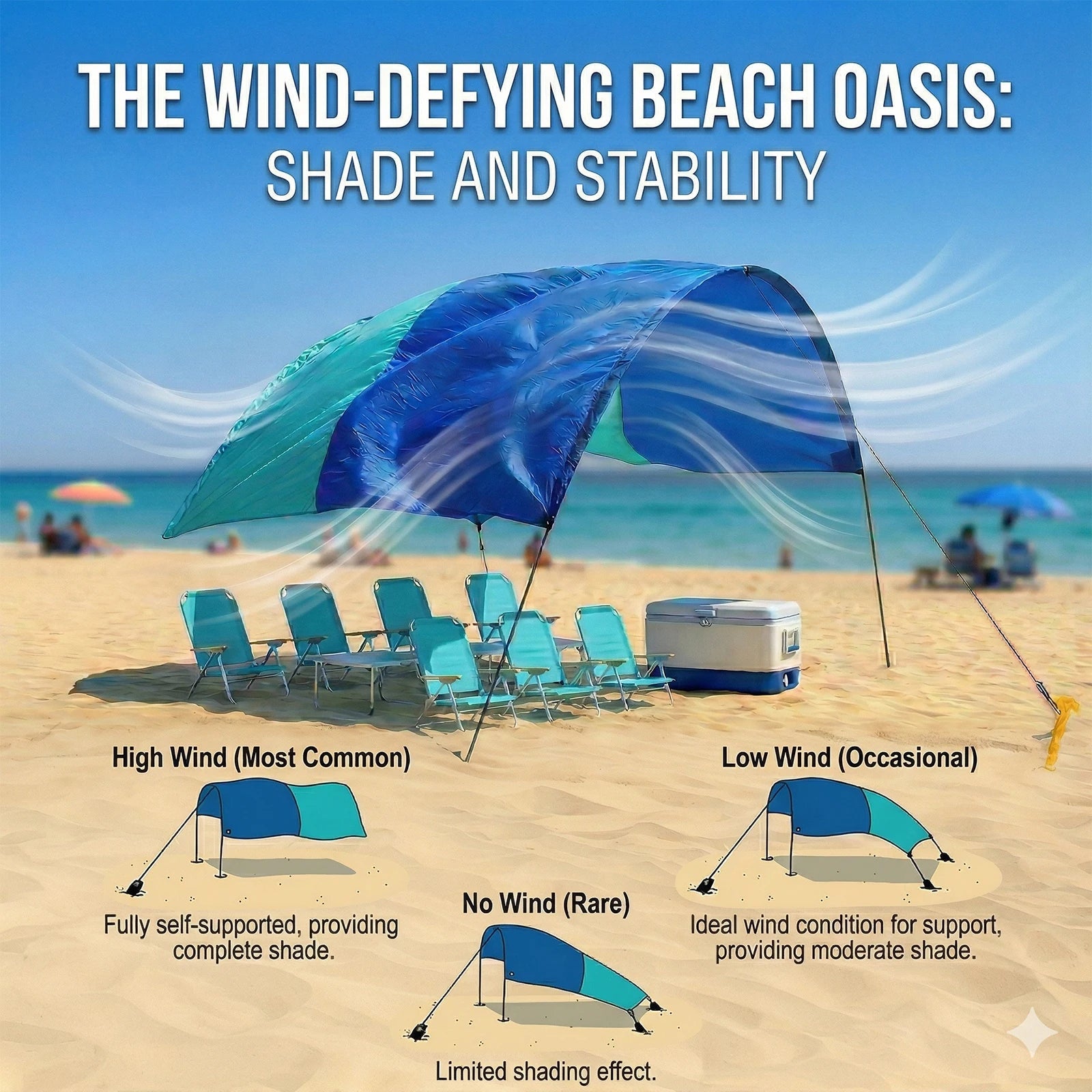 Wind-Resistant Beach Shade Tent 150 sq ft oversized canopy with sand anchors 4 lb ultralightweight UPF 50+ sun protection tent Trekker Essentials