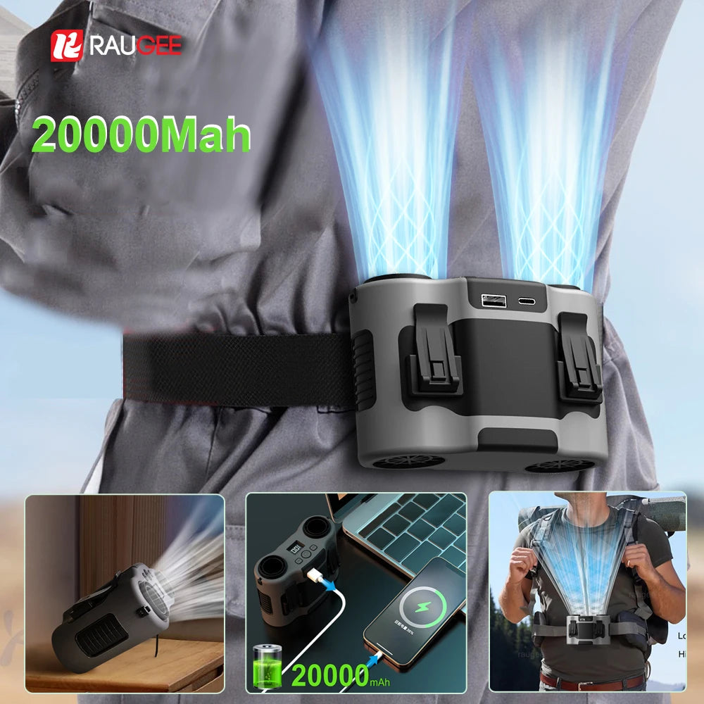 Portable Waist Clip Fan Wearable Mini USB Rechargeable Hanging Fan For Outdoor Working Double Air Outlet Waist Fan 20000Mah Trekker Essentials