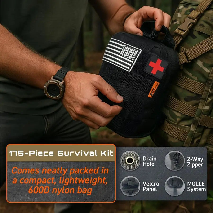 175Piece Survival Kit, First Aid Kit for Emergency and Outdoor Adventures, IFAK, Fishing Gear, MOLLECompatible Bag, Car Travel, Trekker Essentials