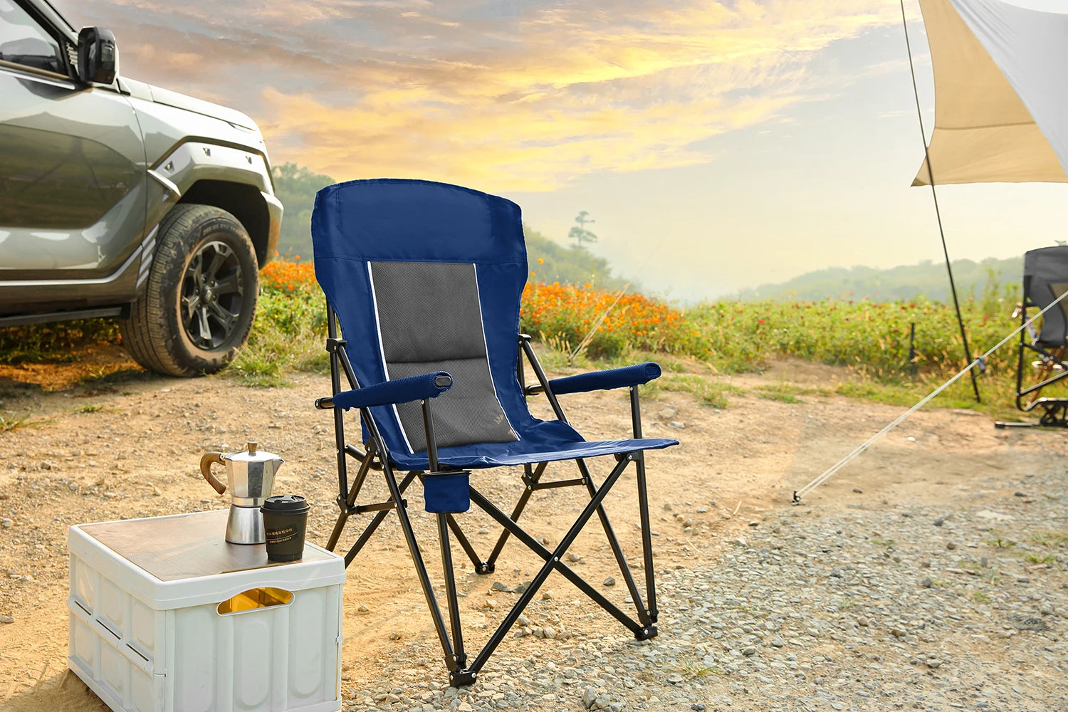 Outdoor Camping Chair, Portable Folding Lounge Moon Chair With Armrests, Drink Holder & Backrest For Outdoor Fishing Camping Trekker Essentials