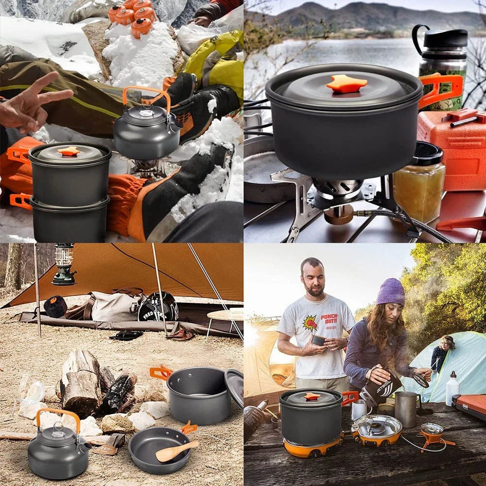 Lightweight Aluminum Camping Cookware Set – Portable Outdoor Cooking Kit for 2–4 People with Mesh Storage Bag Trekker Essentials