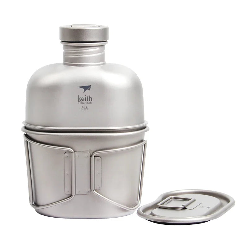 Keith Ti3060 Pure Titanium Canteen Mess Kit – Ultralight Camping Water Bottle & Cup Set with Carrying Pouch
