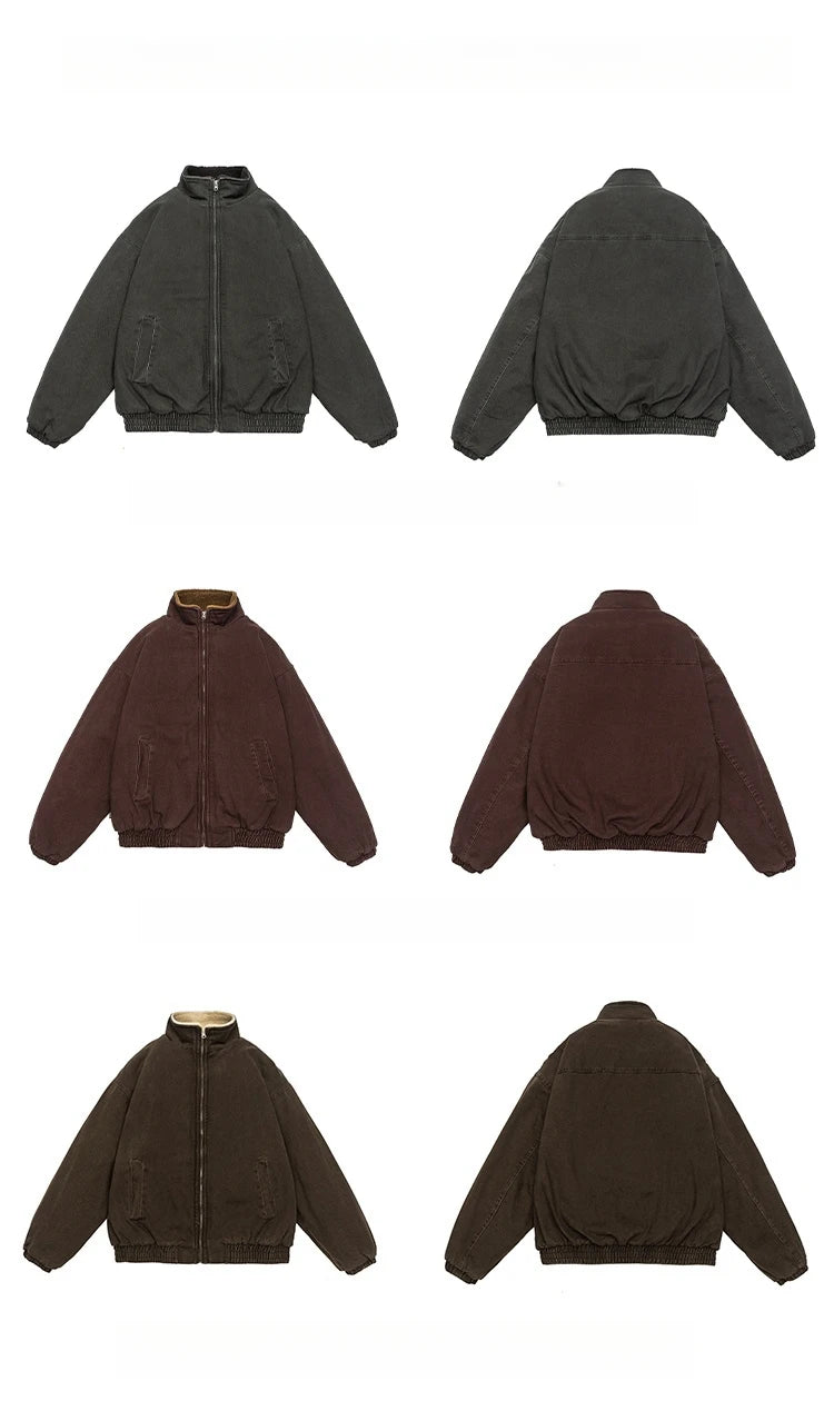 Vintage Polar Fleece Jacket Men's Winter Thick Loose Fit Streetwear Warm Coat