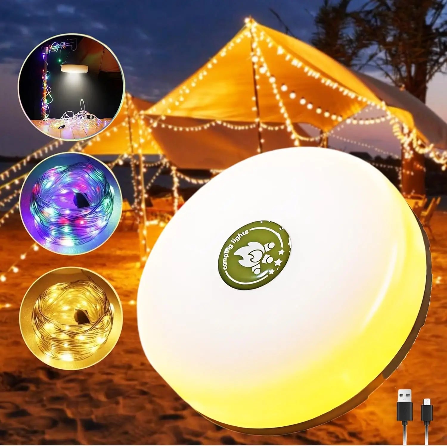 Rechargeable 32.8FT Camping String Lights with Portable LED Lantern – 2-in-1 Tent Lights with 5 Lighting Modes Trekker Essentials