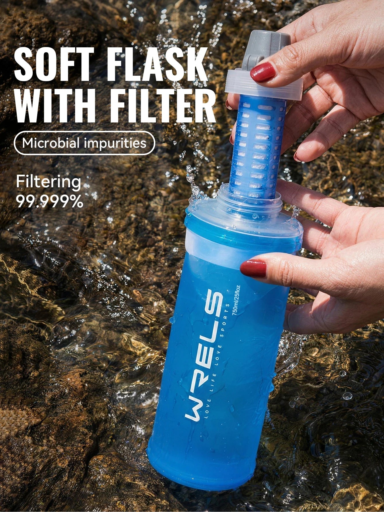 WRELS Soft Water Bottle with Filter Ultralight Collapsible Water Filter Bottle Hydrapak Soft Flask for Hiking Camping Backpack Trekker Essentials