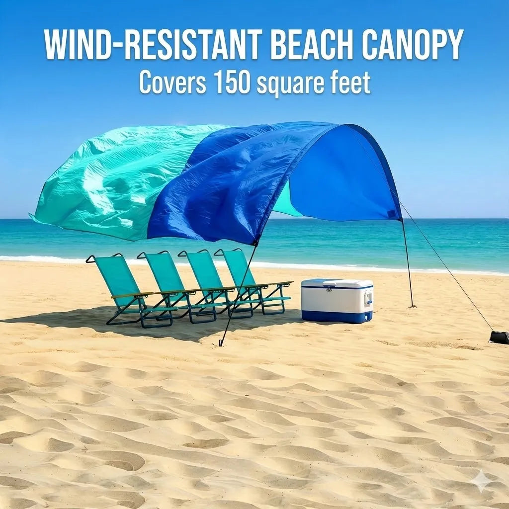 Wind-Resistant Beach Shade Tent 150 sq ft oversized canopy with sand anchors 4 lb ultralightweight UPF 50+ sun protection tent Trekker Essentials