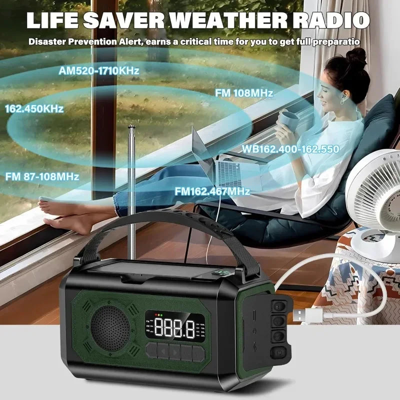 12000mAh Solar Emergency Radio – AM/FM Weather Alert, Hand Crank Power Bank, SOS Alarm & Reading Lamp for Camping, Hiking & Survival