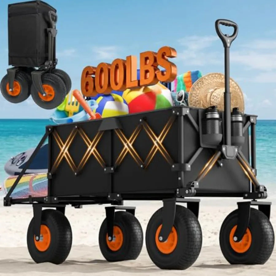 Beach Wagon with Big Wheels for Sand - Heavy Duty 10 Wheel Collapsible Wagons Foldable Large Wagon Cart Folding All Terrain for