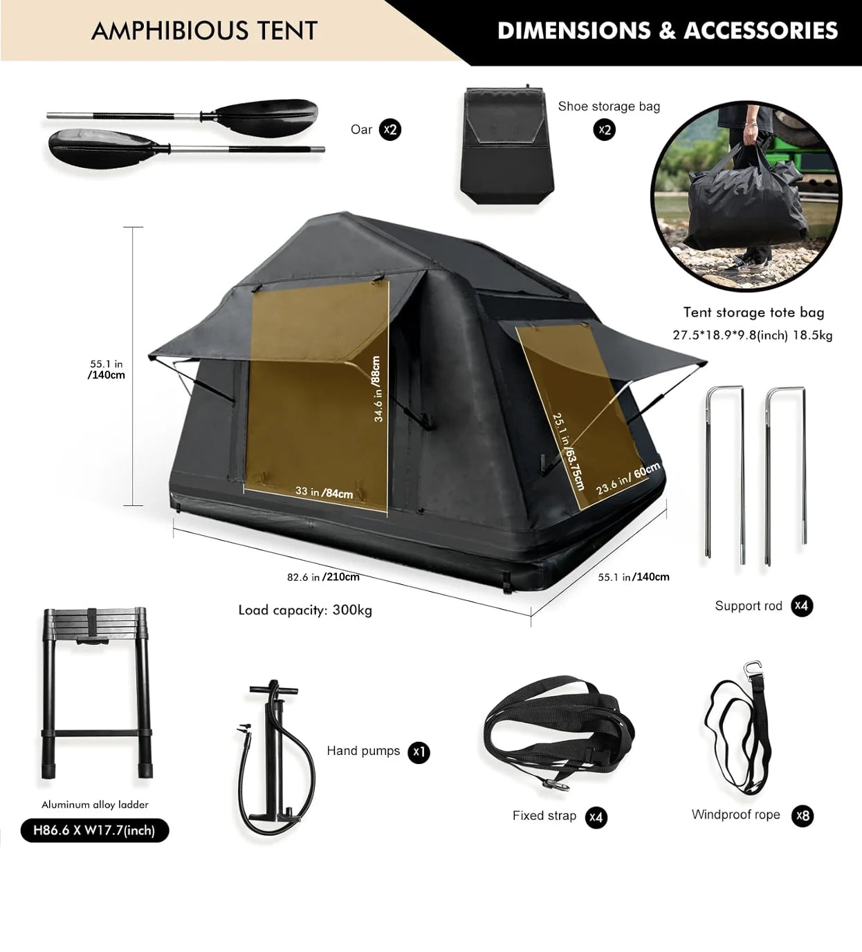 Tienda de techo inflable para acampar todoterreno 4x4: instalación rápida, ligera e impermeable