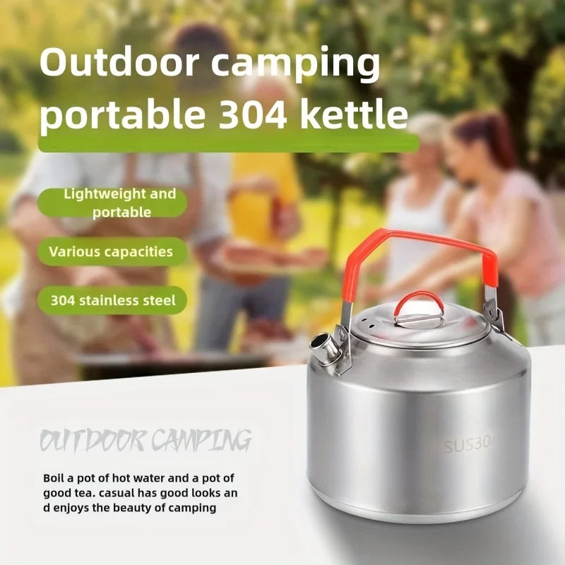 304 Stainless Steel Camping Kettle: 2L Portable Outdoor Tea Pot for Hiking & Picnics