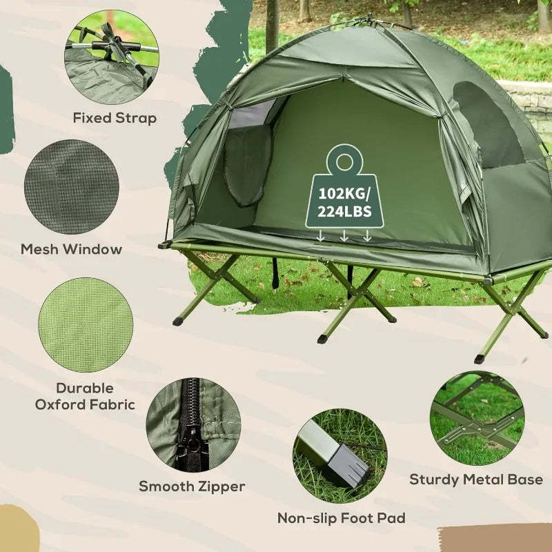 Single-Person Camping Tent Cot Combo – Elevated Off-Ground Sleeping Cot with Weather-Resistant Cover & Carry Bag for Hiking