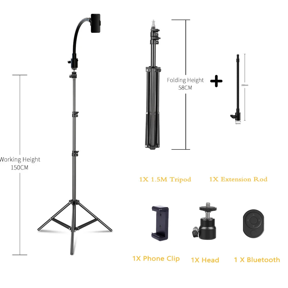 Flexible Phone Tripod Stand with Ring Light & Bluetooth Remote - 200cm
