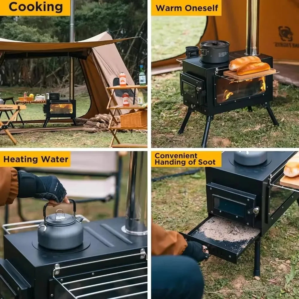 Portable Stainless Steel Tent Stove: Wood Burning Stove with Chimney Pipe for Camp Heating & Cooking