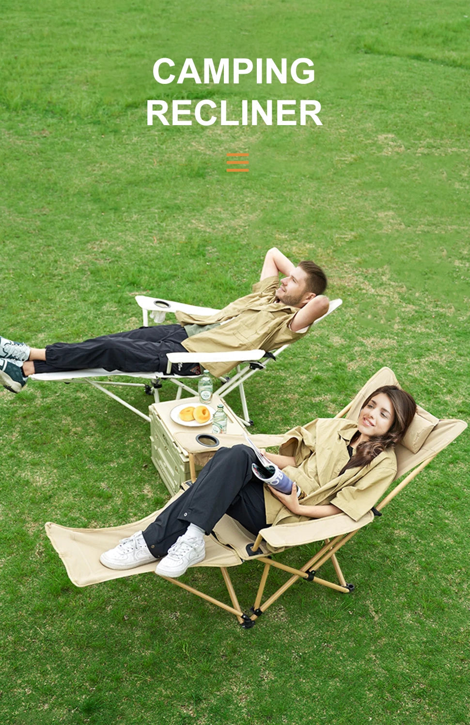 BRS 2-in-1 Reclining Camping Chair Lightweight Folding Camping Lounge Chair with Adjustable Backrest & Footrest for Beach Trekker Essentials