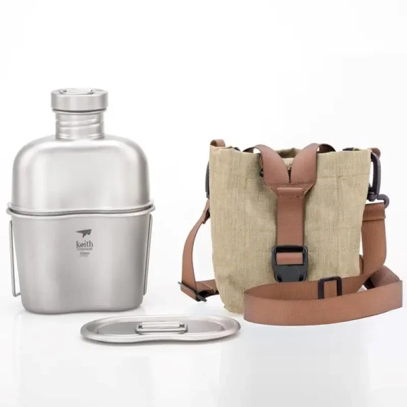 Keith Ti3060 Pure Titanium Canteen Mess Kit – Ultralight Camping Water Bottle & Cup Set with Carrying Pouch