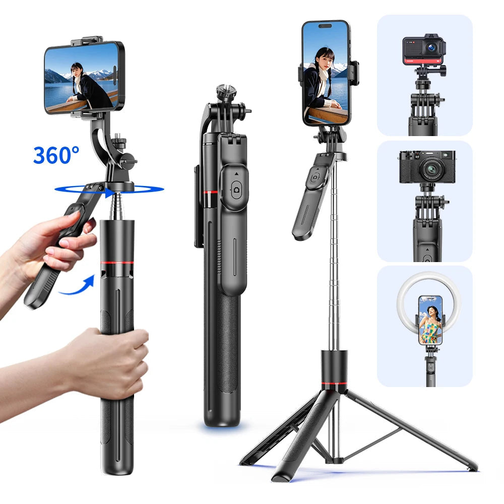 F16 Selfie Stick Tripod with 1708mm Long 8-Section Pole, Bluetooth Remote, 360° Rotation, 1/4 Interface, for Phone Camera Vlog Trekker Essentials