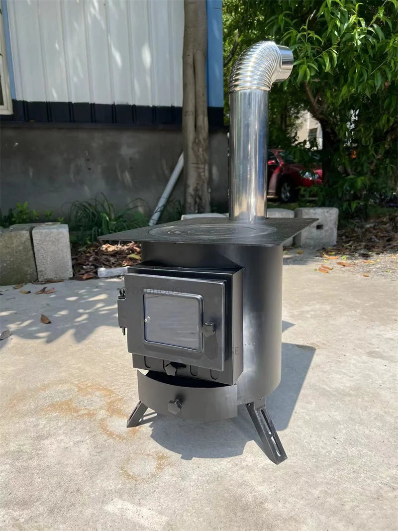 Mobile Wood Burning Heater Stove for Indoor & Outdoor Use - Portable Heating with Cooking Top
