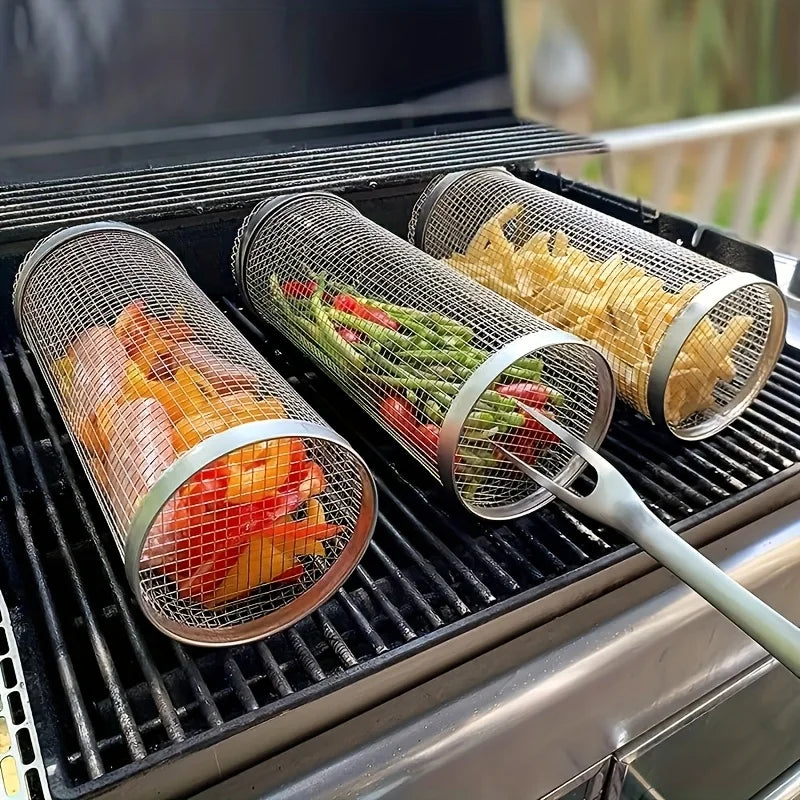 2pc Stainless Steel Rolling Grill Basket Set - Heavy Duty Cylinder Mesh for Camping, Picnic & Outdoor BBQ Accessories Trekker Essentials