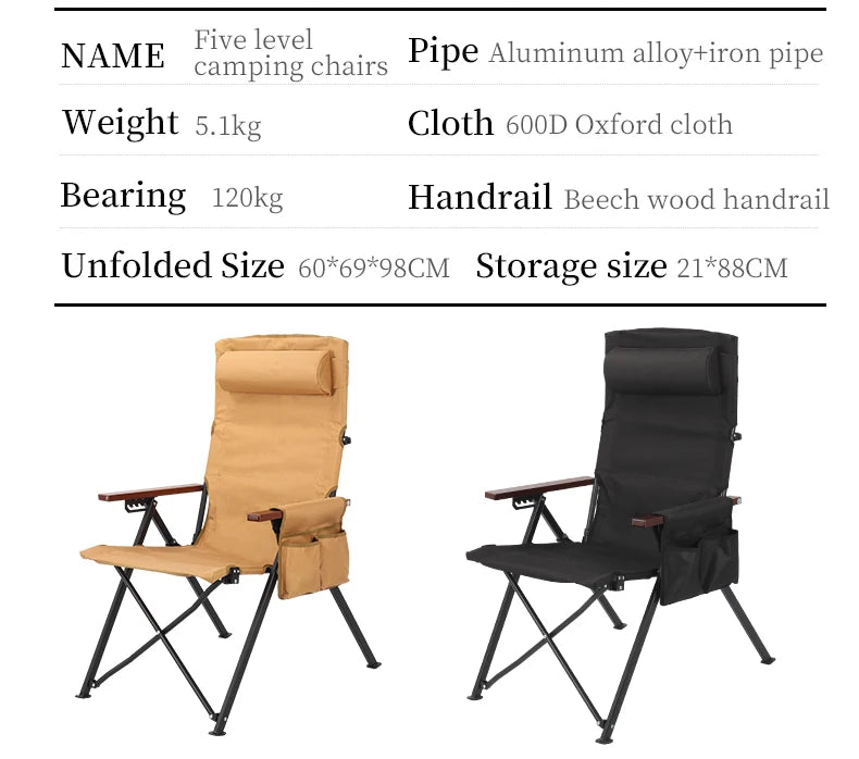 Adjustable 5-Position Folding Chair With Pillow & Armrests - Perfect For Outdoor Camping, Fishing, And Patio Relaxation