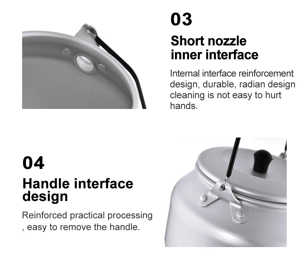 1L Pure Aluminum Camping Kettle with Short-Hole Removal Handle, Lightweight Portable Travel Cookware
