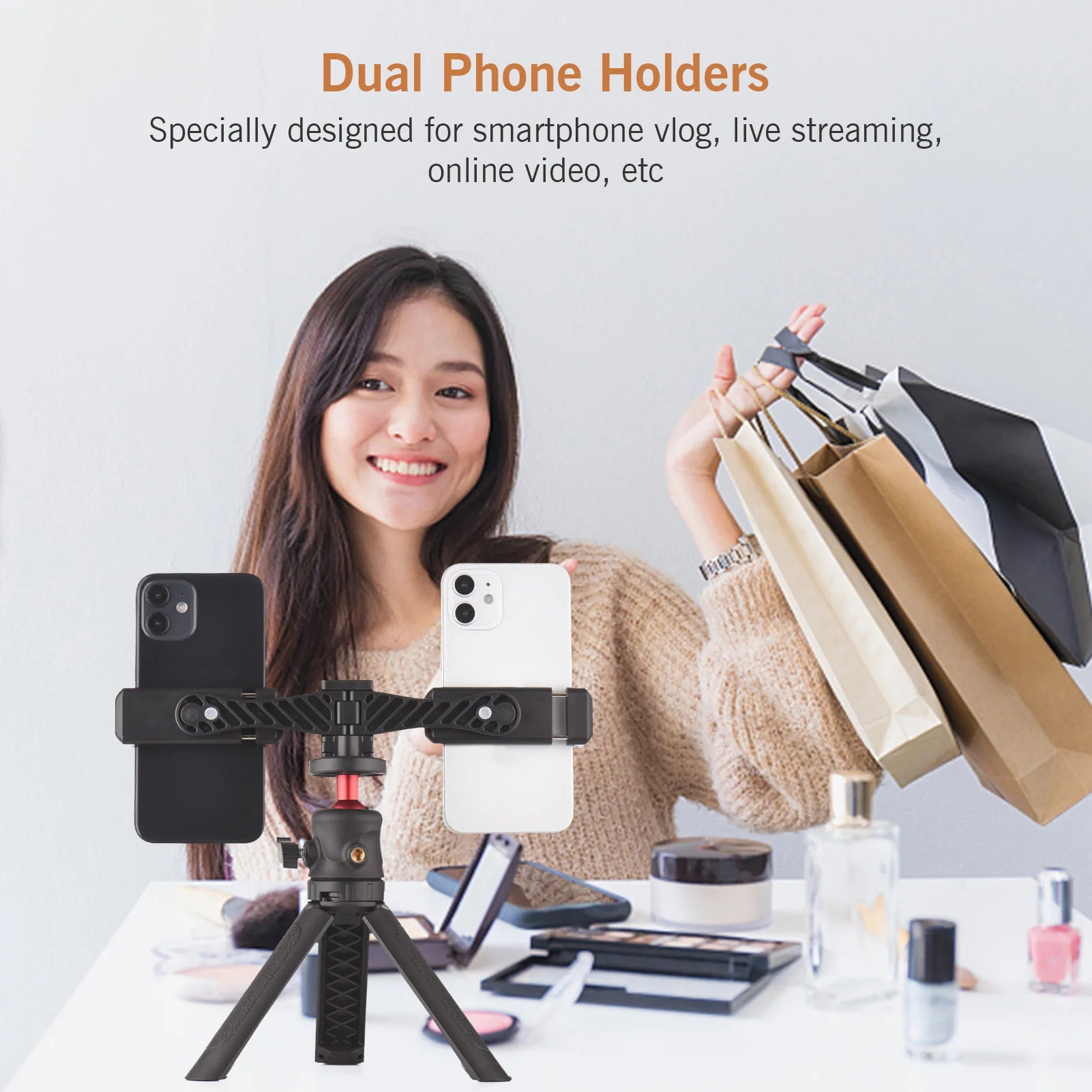 Professional Smartphone Video Kit - Dual Phone Mount with 4 Cold Shoes, 360° Tripod & Adjustable Holders for Vlogging/Live Streaming.