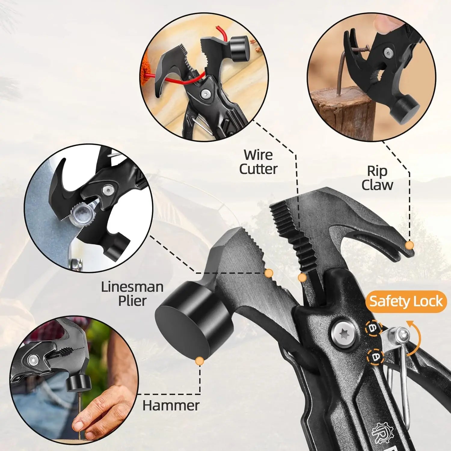1 navaja multifunción para exteriores con forma de martillo de garra: herramienta de supervivencia de acero inoxidable con alicates, martillo de camping, sacaclavos y herramienta de rescate de emergencia.
