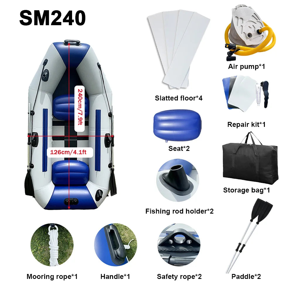 7.9ft Inflatable Fishing Boat: 240kg Capacity, 3-Person PVC Dinghy with Slat Floor & Oars
