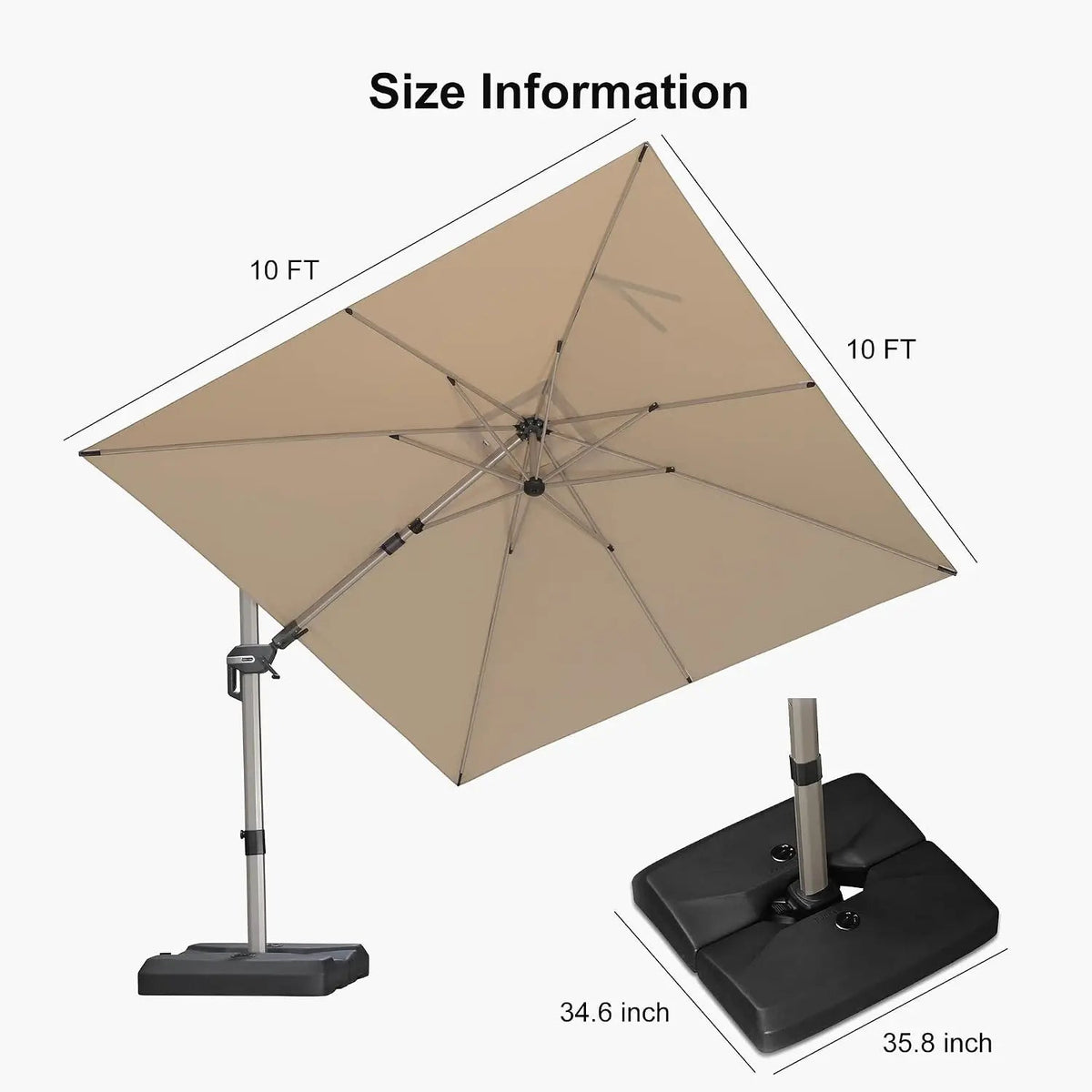 Patio Umbrella with Base 10' x 10' Left-right Tilting Beige | Shade at Every Angle Left-right Tilt, 5 Adjustable, Customized Trekker Essentials