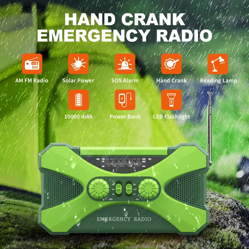 Emergency Solar Hand Crank Radio 10000mAh – Portable Weather Radio, Power Bank & Survival Tool with LED Flashlight & SOS Alarm Trekker Essentials