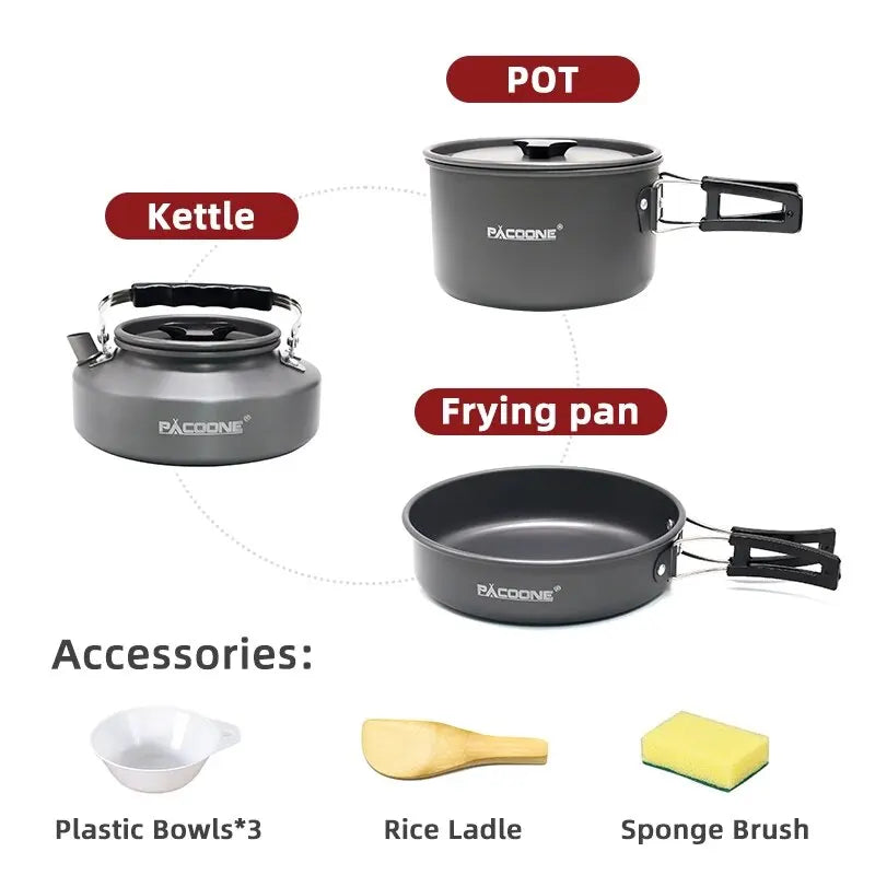 Camping Cookware Set - Portable Outdoor Cooking Kit with Pot, Water Kettle, Pan, and Tableware for Hiking and Picnics
