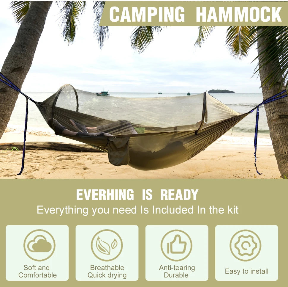 WESTTUNE 3 in 1 Camping Hammock with Mosquito Mesh Automatic Quick Opening Nylon Hammock Anti-Mosquito Hammock for Outdoor Trekker Essentials