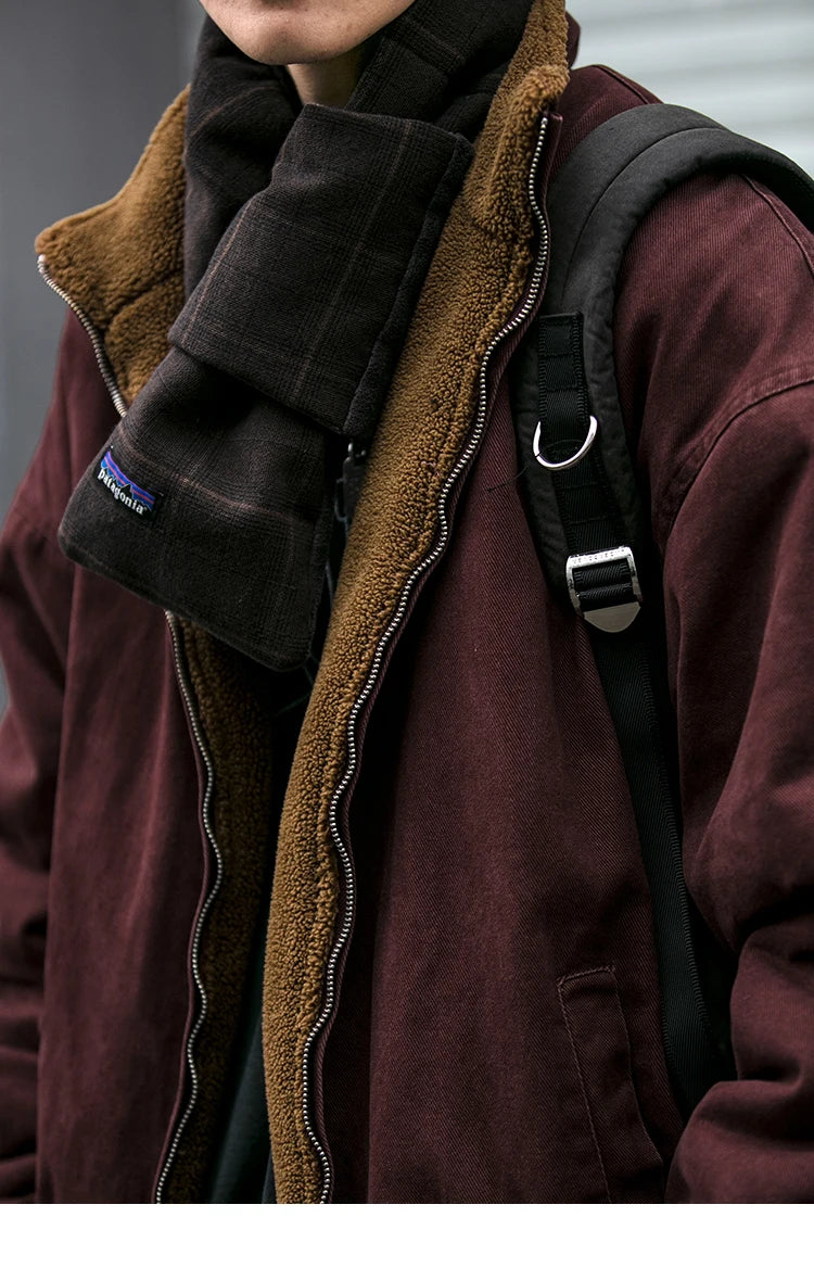 Vintage Polar Fleece Jacket Men's Winter Thick Loose Fit Streetwear Warm Coat