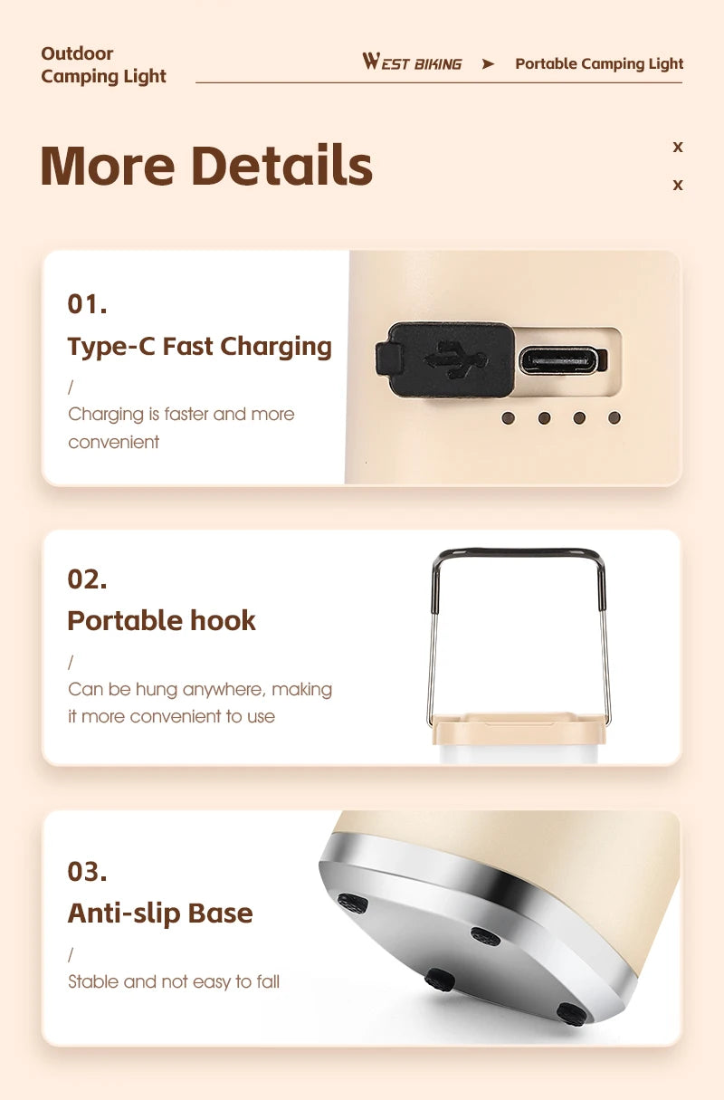 USB-C Rechargeable Camping Light - Magnetic Base LED Lantern with Tripod