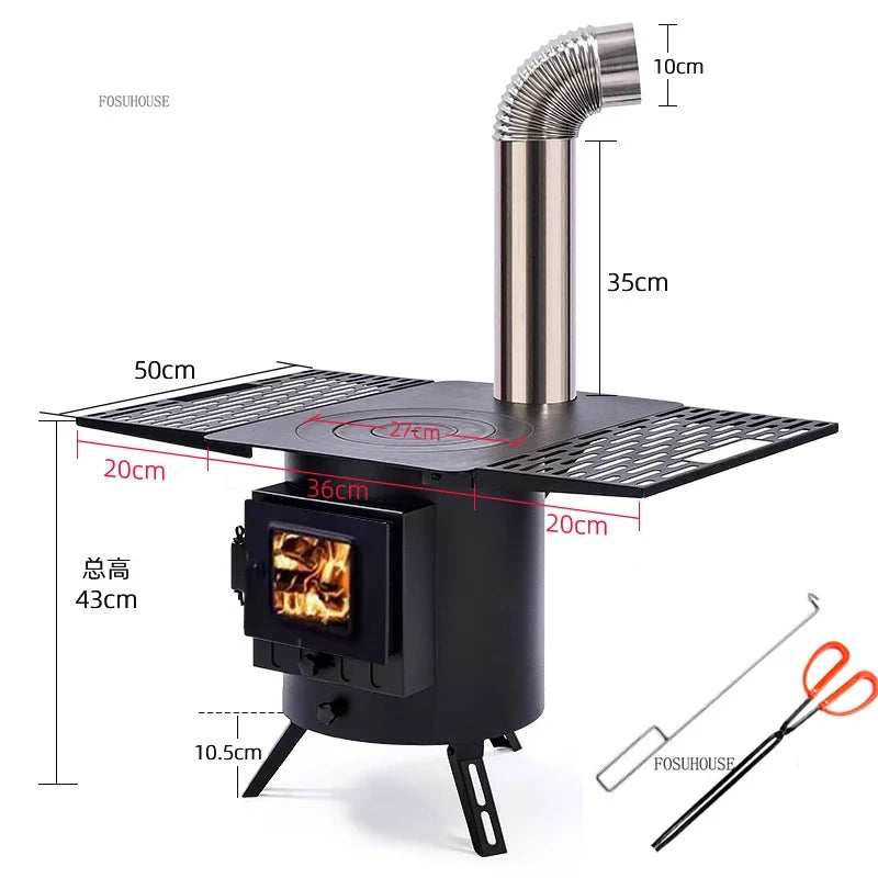 Mobile Wood Burning Heater Stove for Indoor & Outdoor Use - Portable Heating with Cooking Top