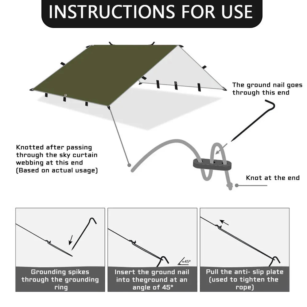 19 Hang Point Tarp Waterpoof Survival Bushcraft Sun Shelter Beach Shade Tent Outdoor Canopy Backpacking Tourist Awning 4x4 3x3m Trekker Essentials