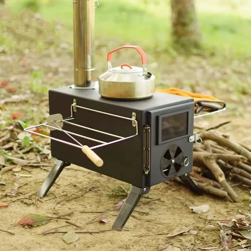 Portable Black Iron Wood Stove: Complete Tent Heating & Camping Cooking Stove Kit with Chimney