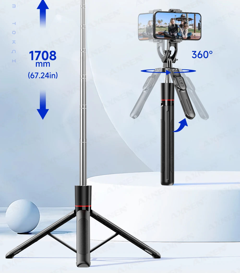 F16 Selfie Stick Tripod with 1708mm Long 8-Section Pole, Bluetooth Remote, 360° Rotation, 1/4 Interface, for Phone Camera Vlog Trekker Essentials