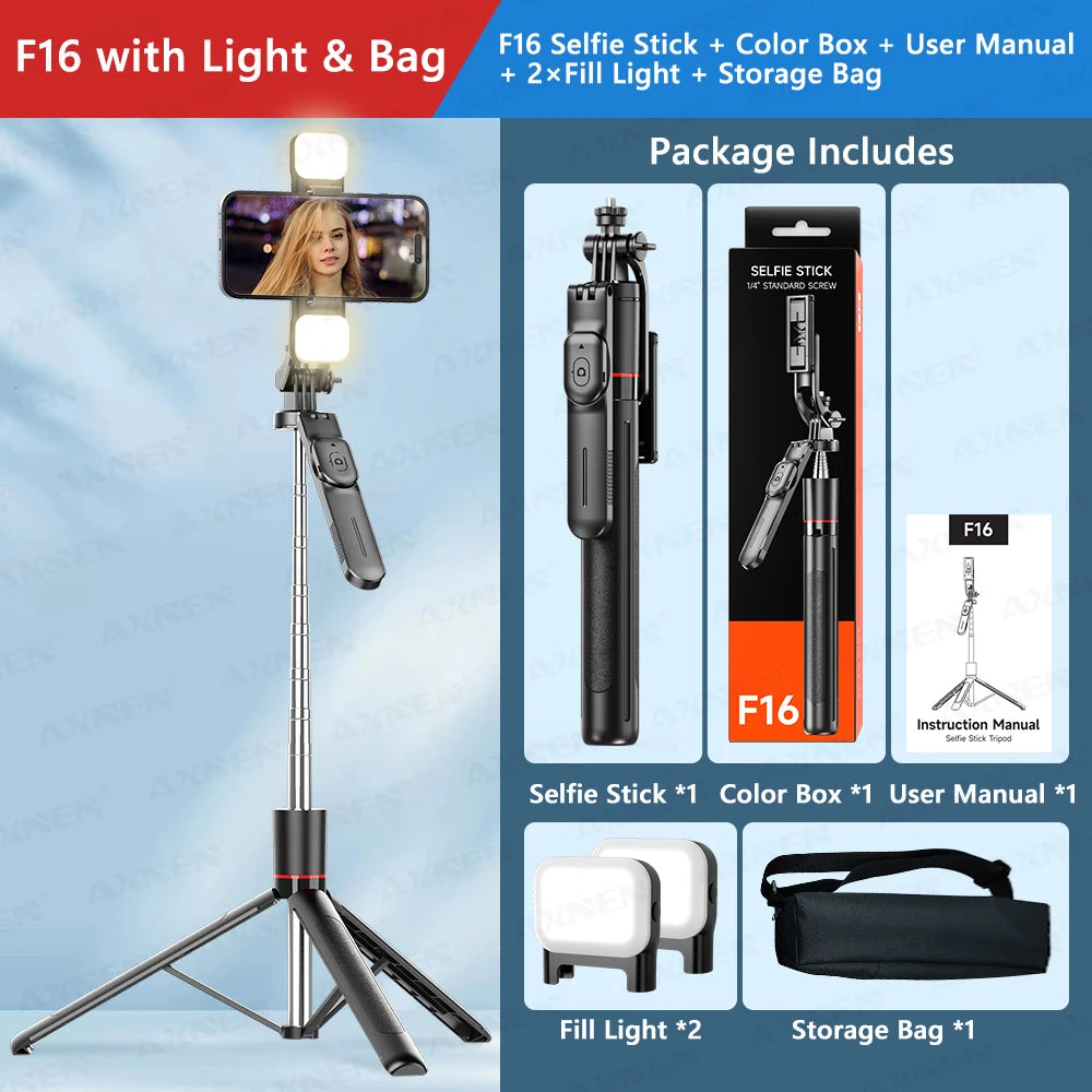 F16 Selfie Stick Tripod with 1708mm Long 8-Section Pole, Bluetooth Remote, 360° Rotation, 1/4 Interface, for Phone Camera Vlog Trekker Essentials