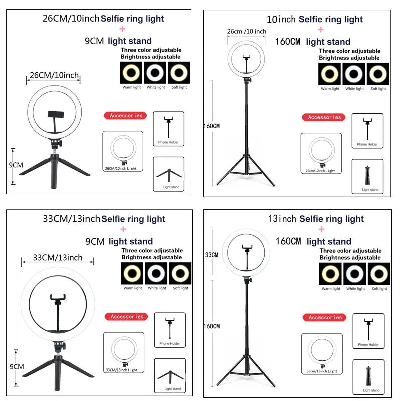 26 33CM Video Lights Dimmable Light Selfie LED Ring Light USB Ring Lighting Lamp With Tripod Stand To Make Youtube Ringlight Trekker Essentials